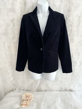 Talbots Velvet Blazer 4 PETITE Navy Blue Equestrian Single Button Cropped Preppy